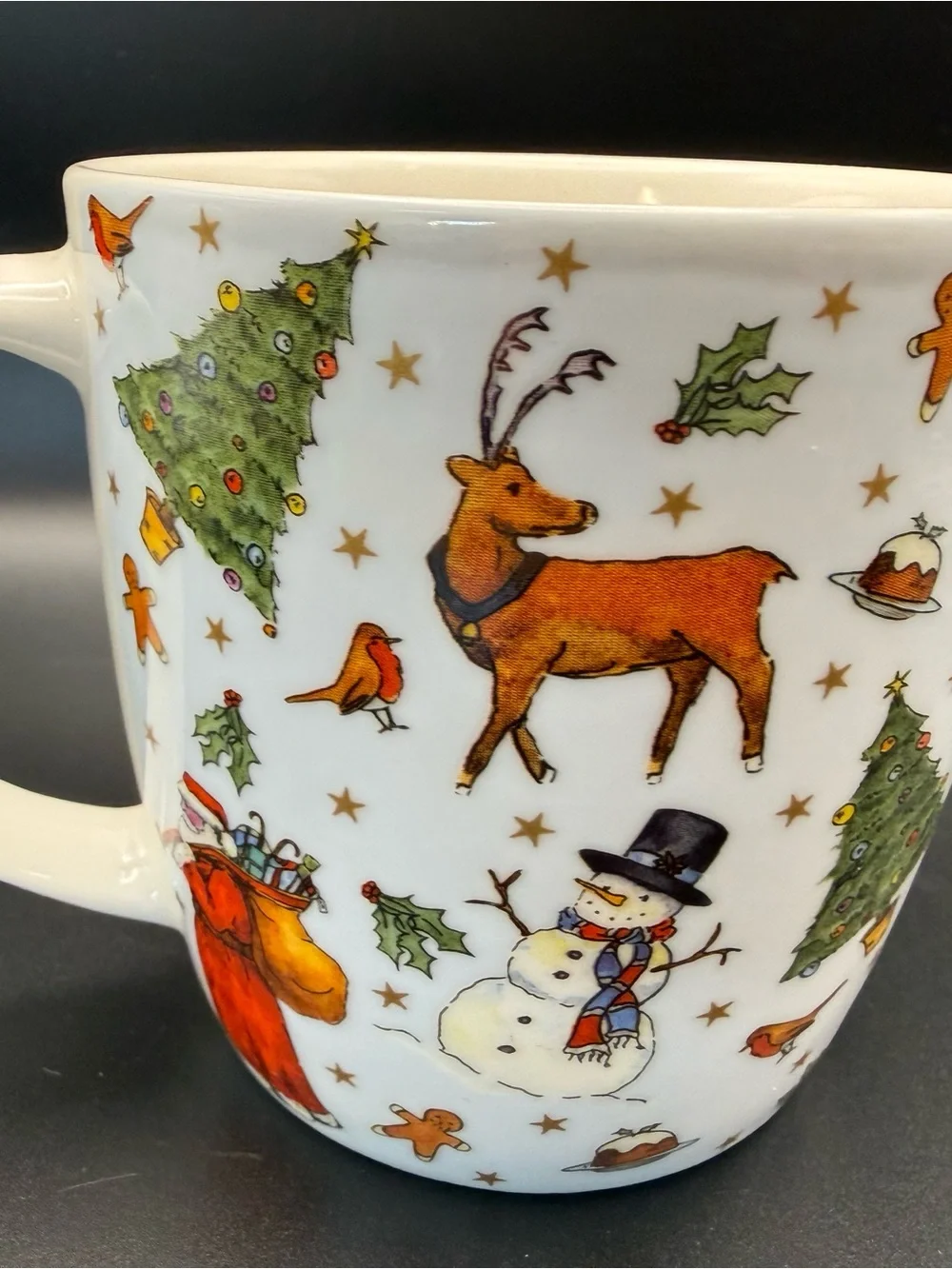 Festive Christmas Santa & Reindeer Holiday Mug - White with Red & Green
